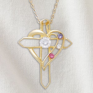 Heart & Cross Personalized Gold 3 Birthstone Necklace - 32818D-3GD