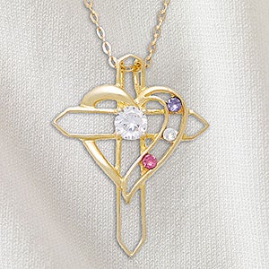 Heart  Cross Personalized Gold 3 Birthstone Necklace - 32818D-3GD