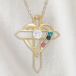 Heart & Cross Personalized Gold 4 Birthstone Necklace - 32818D-4GD