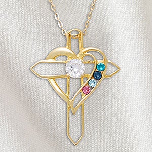 Heart  Cross Personalized Gold 4 Birthstone Necklace - 32818D-4GD