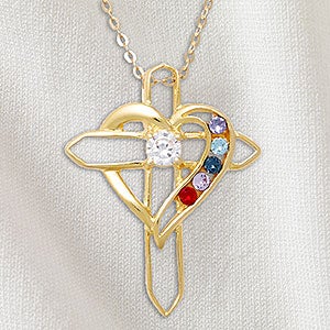 Heart & Cross Personalized Gold 5 Birthstone Necklace - 32818D-5GD