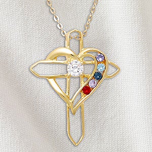 Heart  Cross Personalized Gold 5 Birthstone Necklace - 32818D-5GD