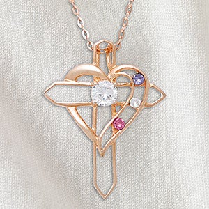 Heart & Cross Personalized Sterling Silver 3 Birthstone Necklace