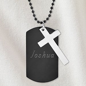 Write Your Own Personalized Black Stainless Steel Dog Tag & Cross Chain Necklace - 32890D
