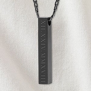 Roman Numerals Engraved Vertical Square Pendant Necklace - Black Stainless Steel - 32892D-BSS