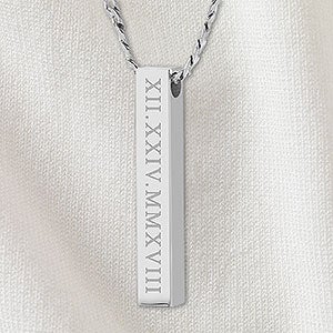 Roman Numerals Engraved Vertical Square Pendant Necklace - Stainless Steel - 32892D-S