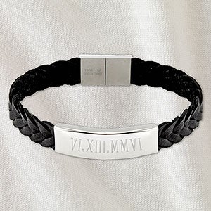 Roman Numeral Personalized Mens Braided Leather - Silver Plate - 32893D-BL