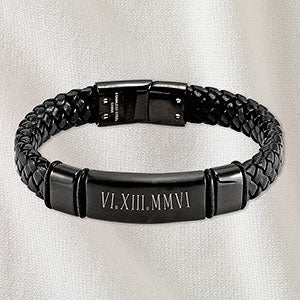 Roman Numeral Personalized Mens Braided Leather Bracelet - Black Matte Plate - 32893D-MBL