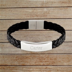 Mens Name Personalized ID Leather Bracelet - Black Braided  Silver Plate - 32894D-BS