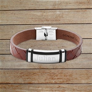 Mens Name Personalized ID Leather Bracelet - Brown Woven & Silver Plate - 32894D-WS