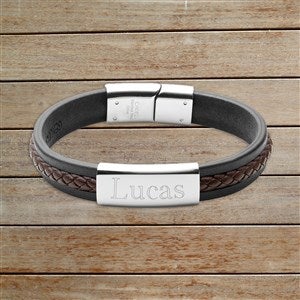 Mens Name Personalized ID Leather Bracelet - Brown Braided & Silver Plate - 32894D-BRBS