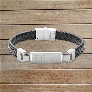 Mens Name Personalized ID Leather Bracelet - Premium Braided & Silver Plate - 32894D-PBS