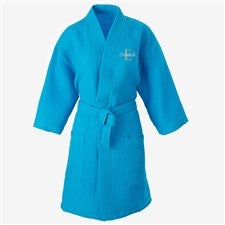 Playful Name Embroidered Aqua Waffle Weave Kimono Robe - 33290-RA