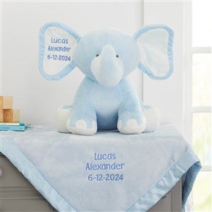 Embroidered Blue Satin Trim Baby Blanket & Jumbo Plush Elephant Set - 33296-B
