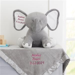 Embroidered Grey Satin Trim Baby Blanket & Jumbo Plush Elephant Set - 33296-G