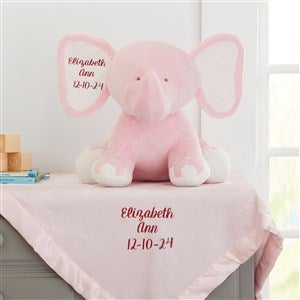 Embroidered Pink Satin Trim Baby Blanket & Jumbo Plush Elephant Set - 33296-P