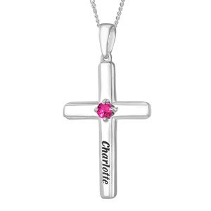 Name & Birthstone Personalized Sterling Silver Cross Necklace - 33358D