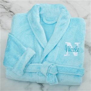 Playful Name Embroidered Blue Short Fleece Robe - 33469-B