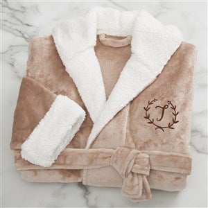 Floral Wreath Personalized Sherpa Hooded Fleece Robe- Taupe - 33976-T