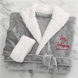 Mr. Embroidered Sherpa Hooded Fleece Robe- Grey - 33978-MRG