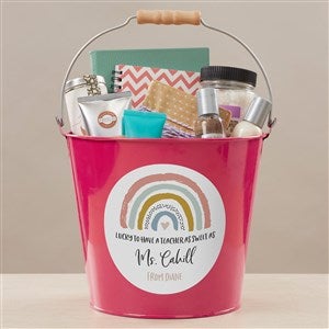 Boho Rainbow Teacher Personalized Large Metal Bucket-Pink - 34399-PL