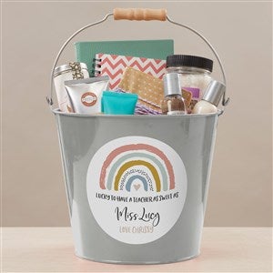 Boho Rainbow Teacher Personalized Large Metal Bucket Silver - 34399-SL