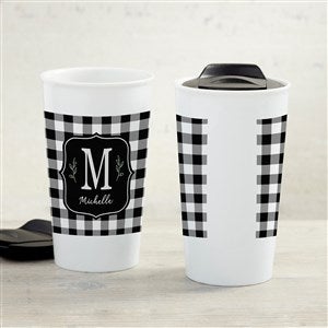 Black & White Buffalo Check Personalized 12 oz. Double-Wall Ceramic Travel Mug - 34986