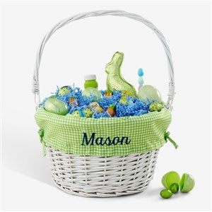 Personalized White Easter Basket With Drop-Down Handle - Green Check - 35122-GC
