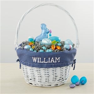 Personalized White Easter Basket With Drop-Down Handle - Navy Check - 35122-N