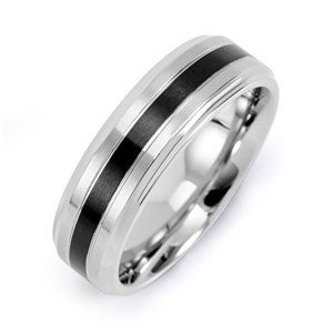 Mens Engraved Stainless Steel Single Black Inlay Band - 35657D