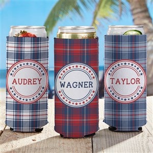 Patriotic Plaid Personalized Slim Can Cooler - 36097