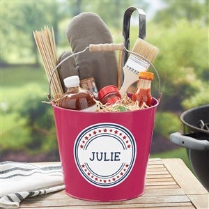 Patriotic Plaid Personalized Pink Metal Bucket - 36104-P