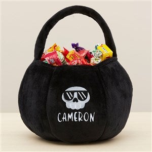 Skull Embroidered Plush Halloween Treat Bag-Black - 36761-B