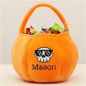 Skull Embroidered Plush Halloween Treat Bag-Orange - 36761-O
