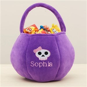 Skull Embroidered Plush Halloween Treat Bag-Purple - 36761-PU