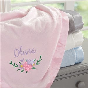 Butterfly Kisses Baby Girl Embroidered Pink Satin Trim Baby Blanket - 36902-P
