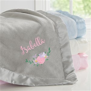 Butterfly Kisses Baby Girl Embroidered Grey Satin Trim Baby Blanket - 36902-G