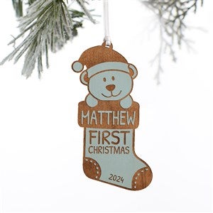 My First Christmas Teddy Bear Personalized Wood Ornament- Blue Stain - 37203-B