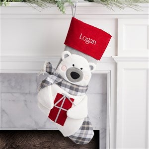 Corduroy Plaid Bear Embroidered Christmas Stocking - 37523-B