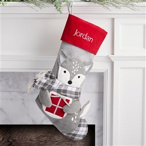 Corduroy Plaid Fox Embroidered Christmas Stocking - 37523-F