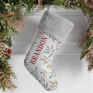 Watercolor Foliage Personalized Grey Faux Fur Christmas Stockings - 37678-GF