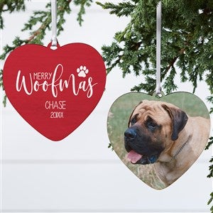 Merry Woofmas Personalized Heart Ornament- 4" Wood - 2 Sided - 37773-2W