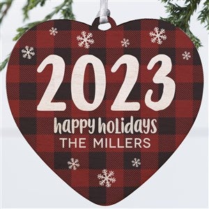 Buffalo Plaid Family Personalized Year Heart Ornament- 4" Wood - 1 Sided - 37783-1W