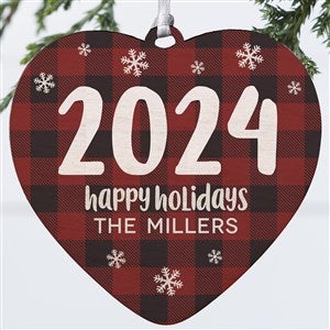 Buffalo Plaid Family Personalized Year Heart Ornament- 4" Wood - 1 Sided - 37783-1W