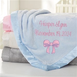 Baby Bow Embroidered Blue Satin Trim Baby Blanket - 38297-B