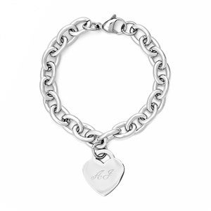 Engraved Heart Link Chain Bracelet - Silver - 39986D-S
