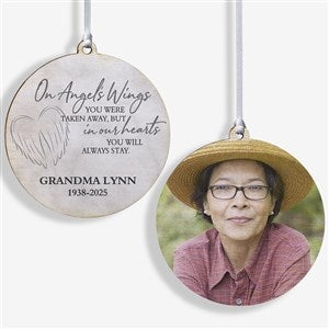 On Angels Wings Memorial Personalized Ornament- 3.75 Wood - 2 Sided - 40115-2W