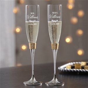 Laurels Of Love Engraved Wedding Gold Hammered Champagne Flute Set - 40553