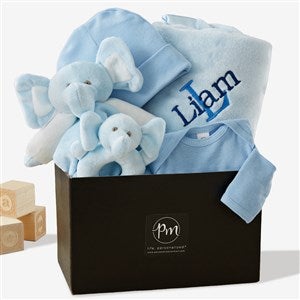 Embroidered Satin Trim Blue Baby Blanket with Clothes Set - 40823