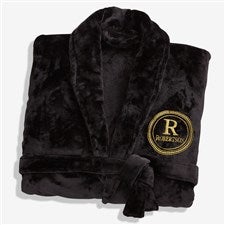 Gentlemans Seal Embroidered Fleece Robe- Black - 41449-B